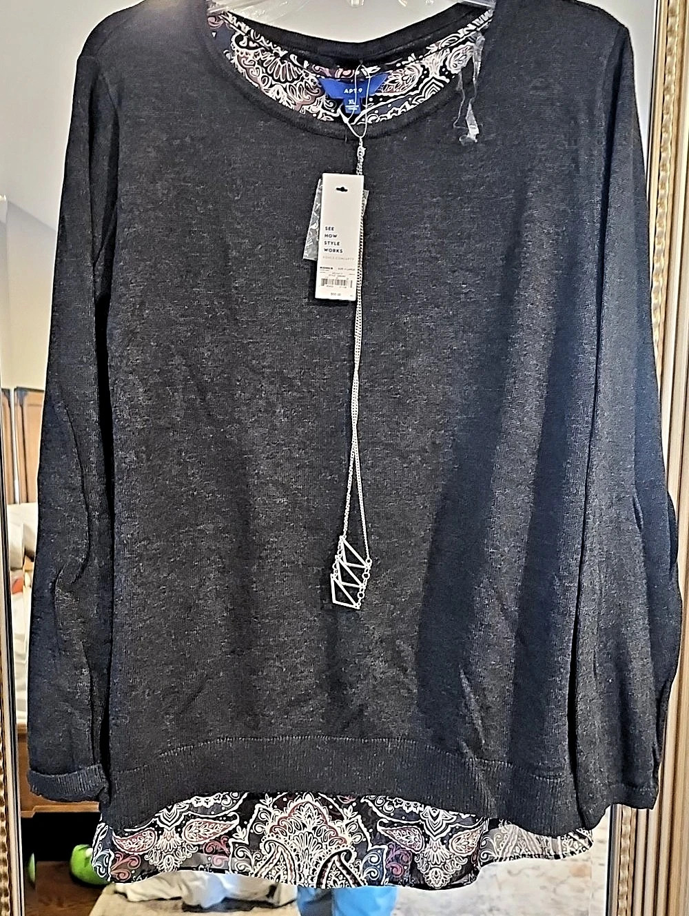 APT.9 Paisley Layered Top in Black & Pink XL NWT